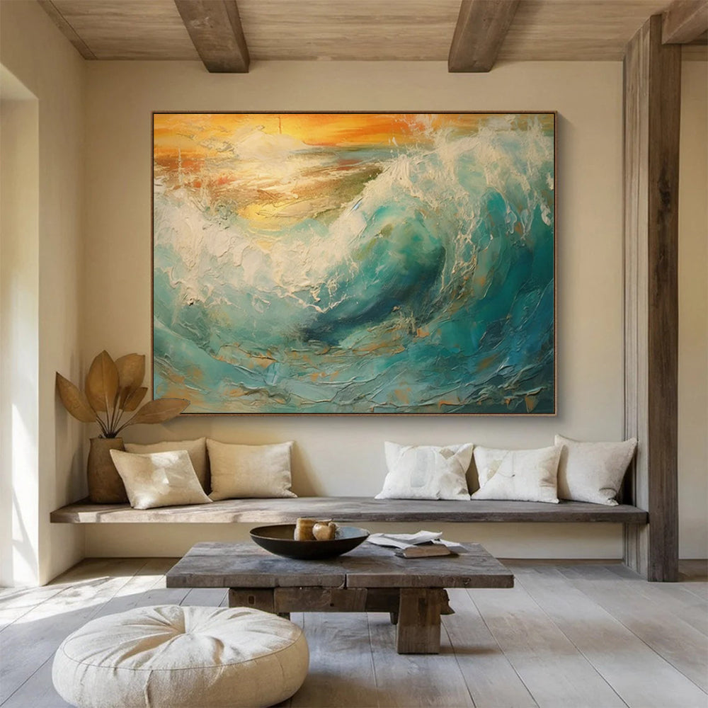 “Textured Ocean Wave at Sunset” Impasto Seascape Painting On Canvas PT1801