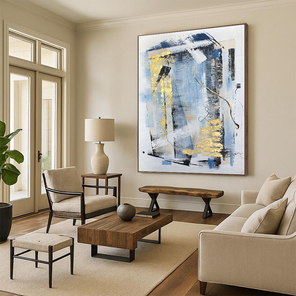 “Blue - Gold - Black Abstract Geometric Forms” - Luxe Abstract Painting On Canvas PS0311