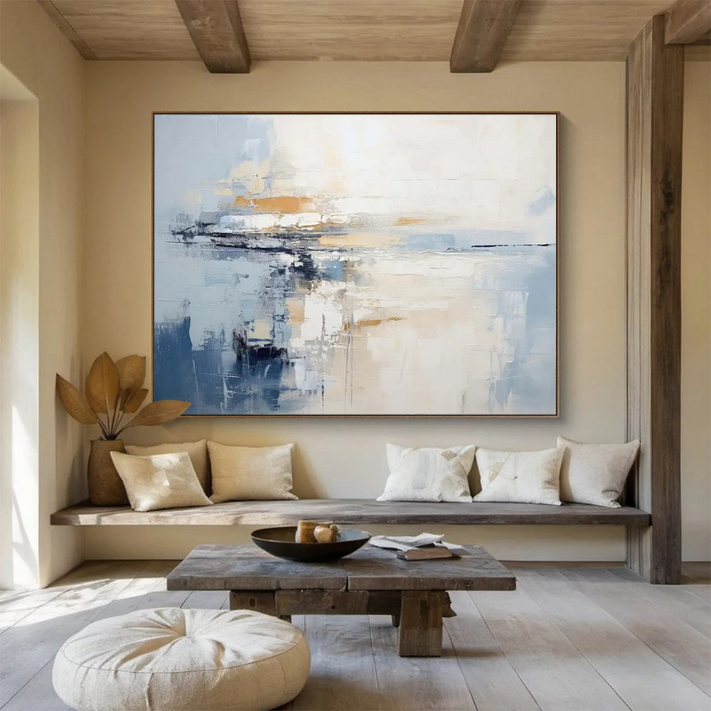 “Blue and Beige Abstract Horizon” - Minimalist Landscape Painting On Canvas PT090