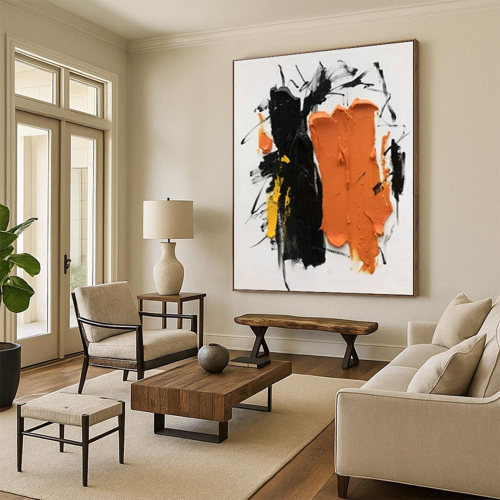 “Black - Orange - Yellow Abstract” - Black, Orange, Yellow Abstract Expressionist Painting PS0607