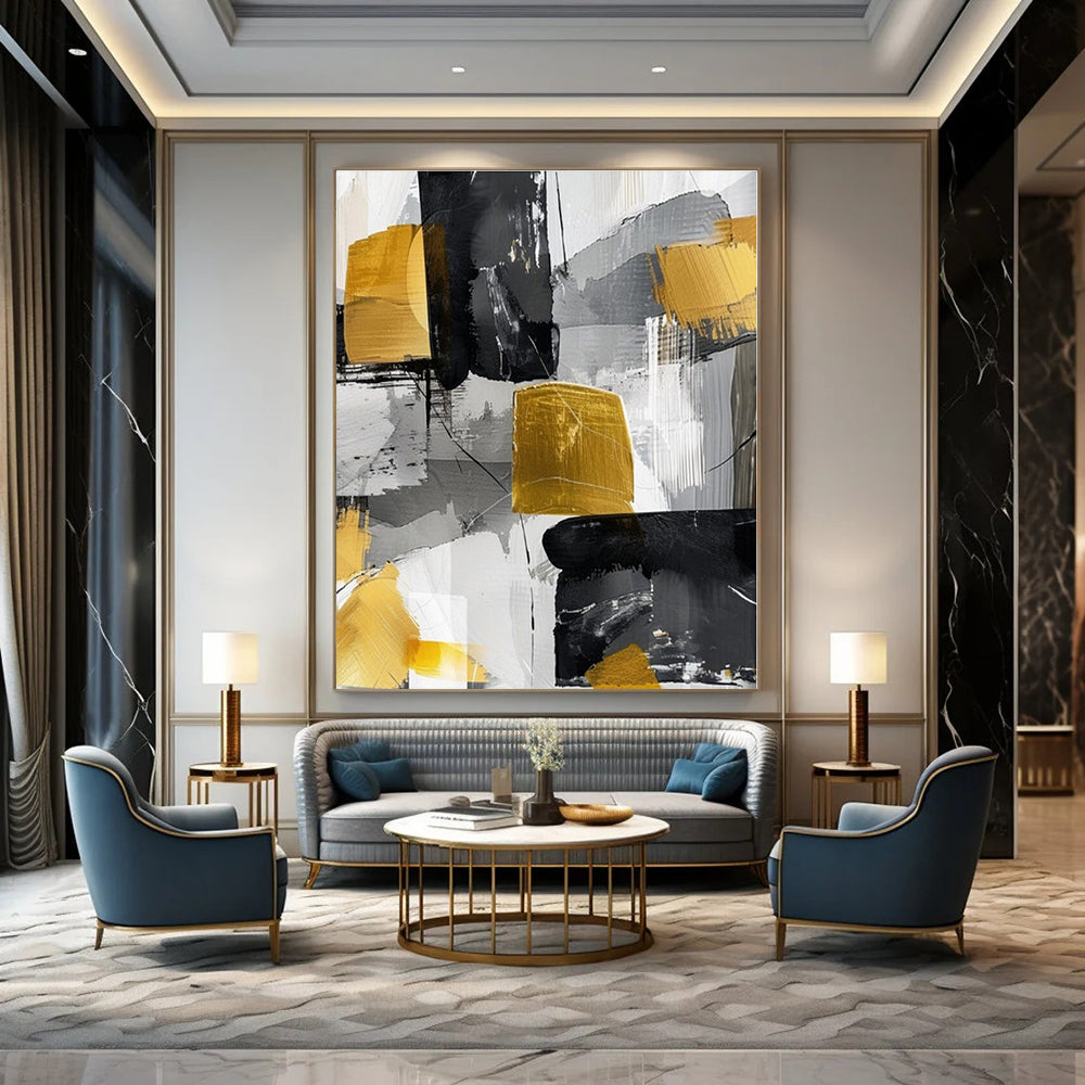 Gray, Gold, Black with Abstract Blocks "Gilded Geometry" Abstract Painting On Canvas PS1279