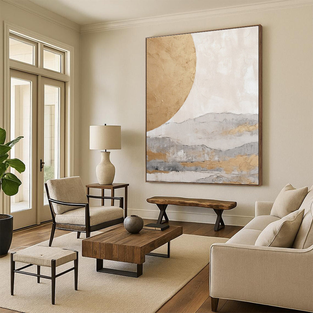 “Golden Sun & Misty Mountains” - Gold, Gray, Beige Abstract Landscape Painting On Canvas PS0745