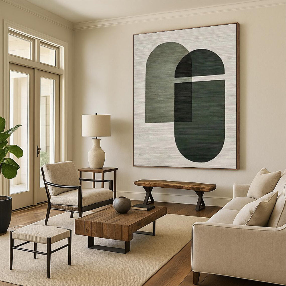 “Green Geometric Shapes” - Green, Gray Abstract Geometric Painting On Canvas PS0674
