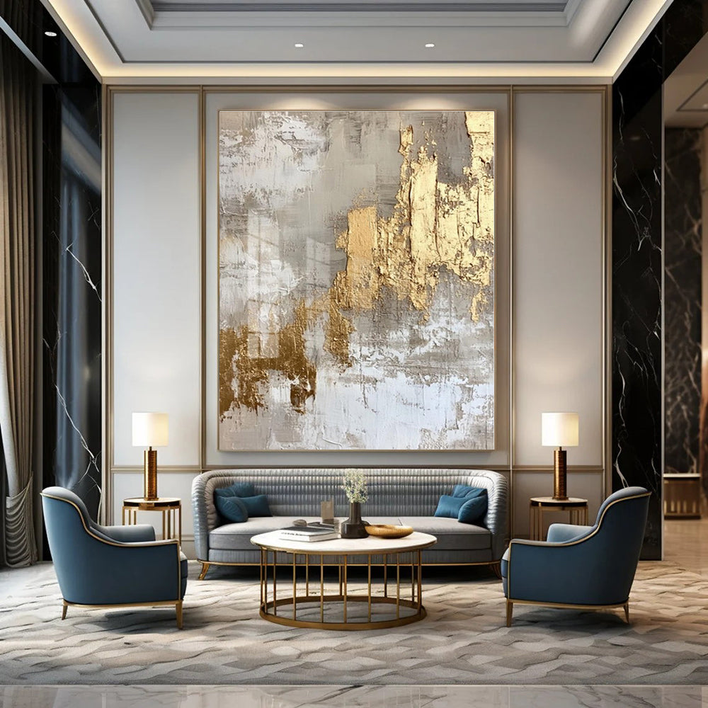 Gray, Gold, White with Textured Layers "Gilded Aura" Abstract Painting On Canvas PS1275