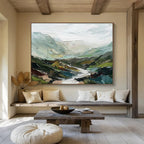 “Textured Mountainscape” - Green, Blue & Gray Abstract, Palette Knife Painting On Canvas DKS725