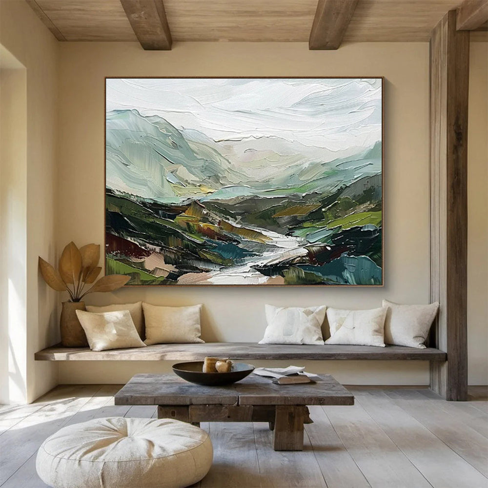 “Textured Mountainscape” - Green, Blue & Gray Abstract, Palette Knife Painting On Canvas DKS725