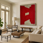 “Red Geometric Shape on Beige” - Bold Color Block Abstract Painting On Canvas PT1076