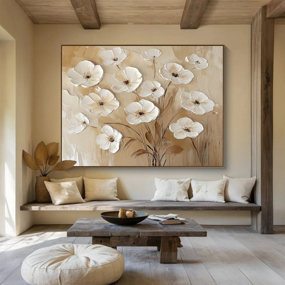 “Beige - White Floral Relief” Painting On Canvas DKS309