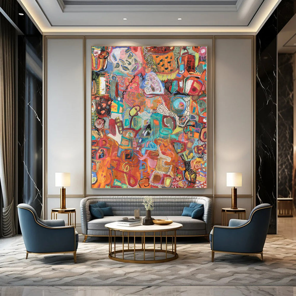 Colorful, Vibrant Shapes with Eclectic Patterns "Carnival Chaos" Abstract Painting On Canvas PS1169