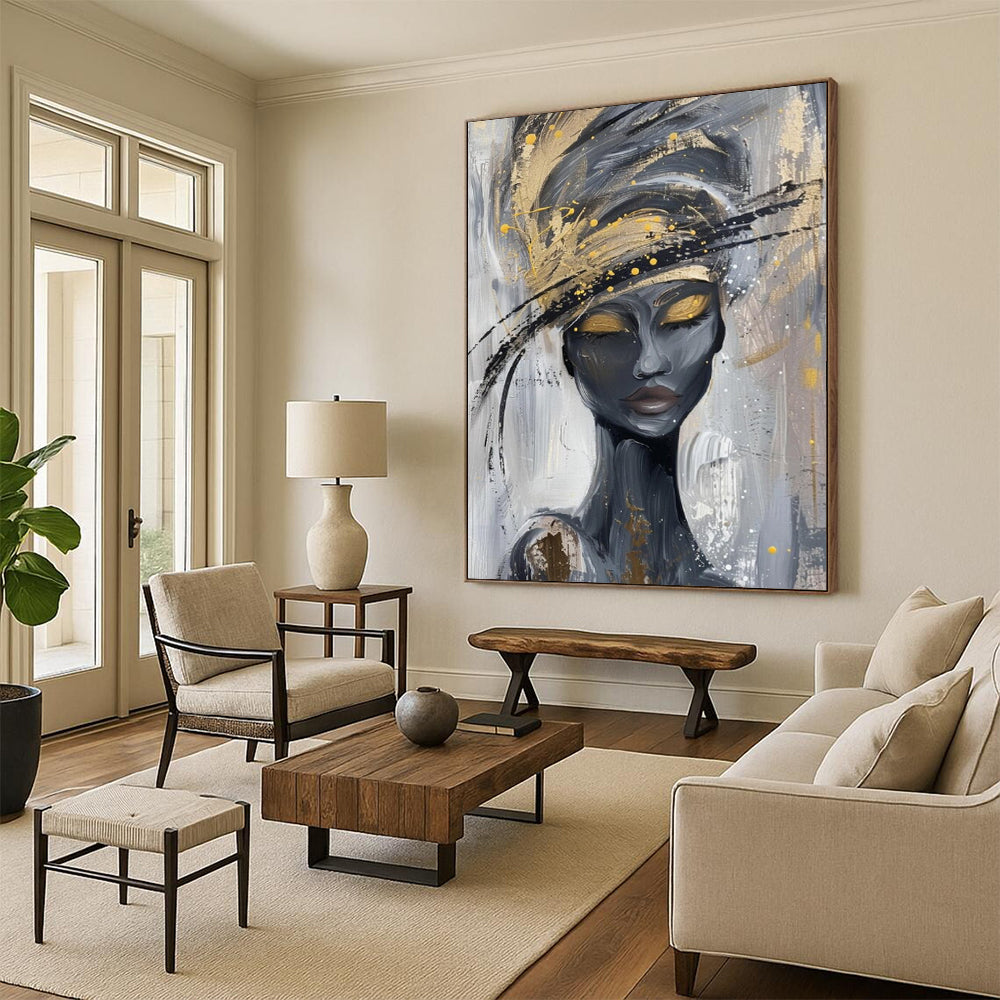“Stylized Woman with Gold and Gray” - Contemporary Acrylic Painting On Canvas PT2197