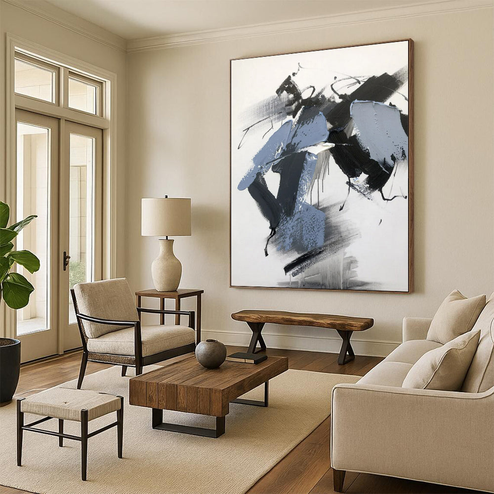 Black, Gray, Blue Dynamic Swirls “Midnight Current” - Painting On Canvas PS0795