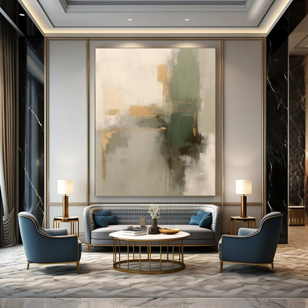 Gray, Gold, Green with Abstract Shapes "Gilded Greens" Abstract Painting On Canvas PS1288