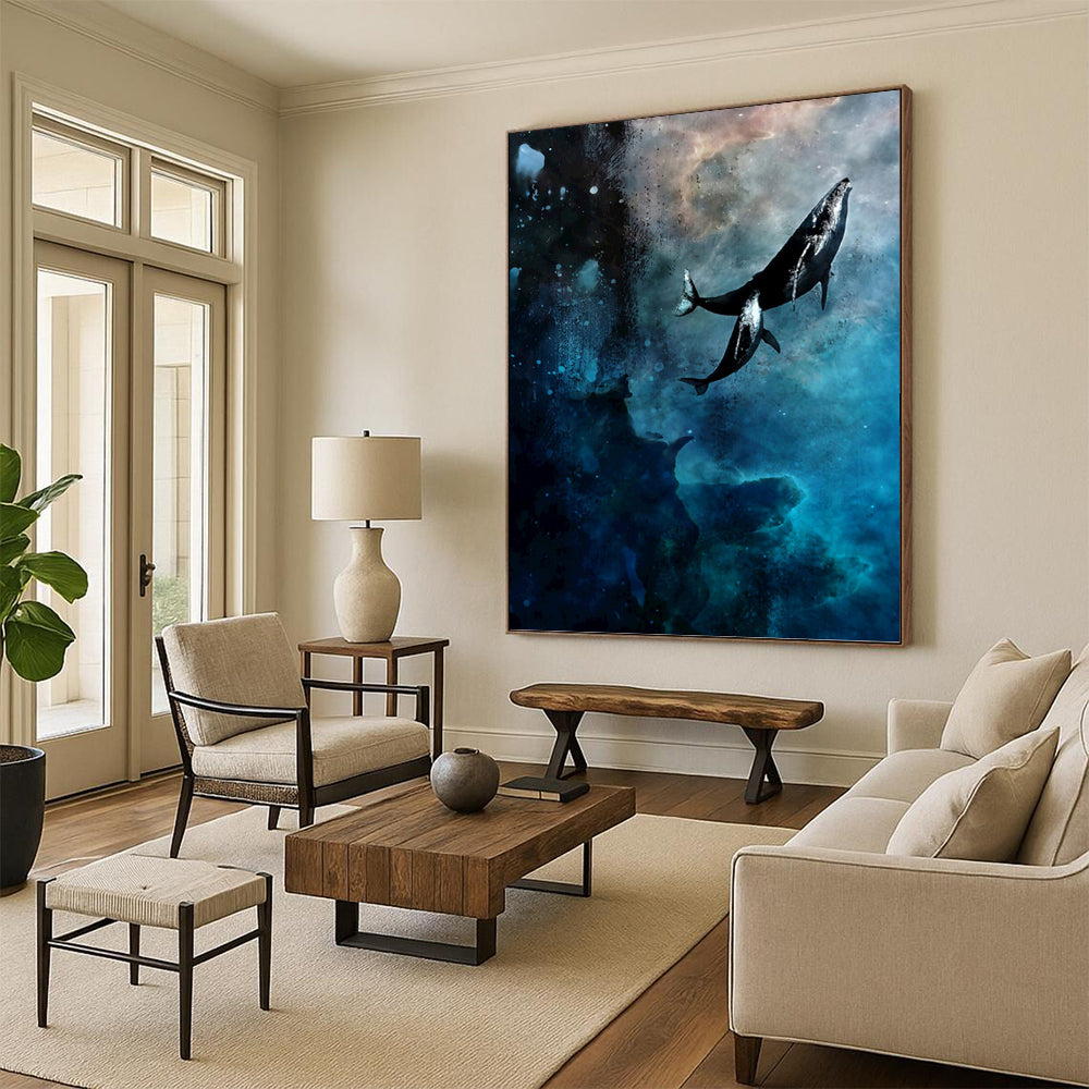 “Cosmic Whales: Blue and Black Surrealist Painting” - Surrealist Fantasy Painting On Canvas PT0933