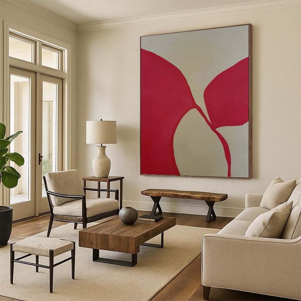“Pink Linked Shapes on Light Beige” - Connected Forms Abstract Painting On Canvas PT1080