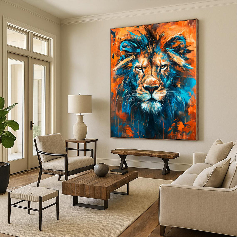 “Blue and Orange Lion” - Contemporary Pop - Surrealist Painting On Canvas PT2212