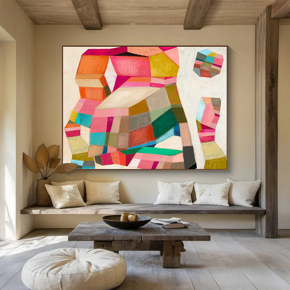 Colorful Geometric Cubist - Inspired Abstract Painting On Canvas DKS070