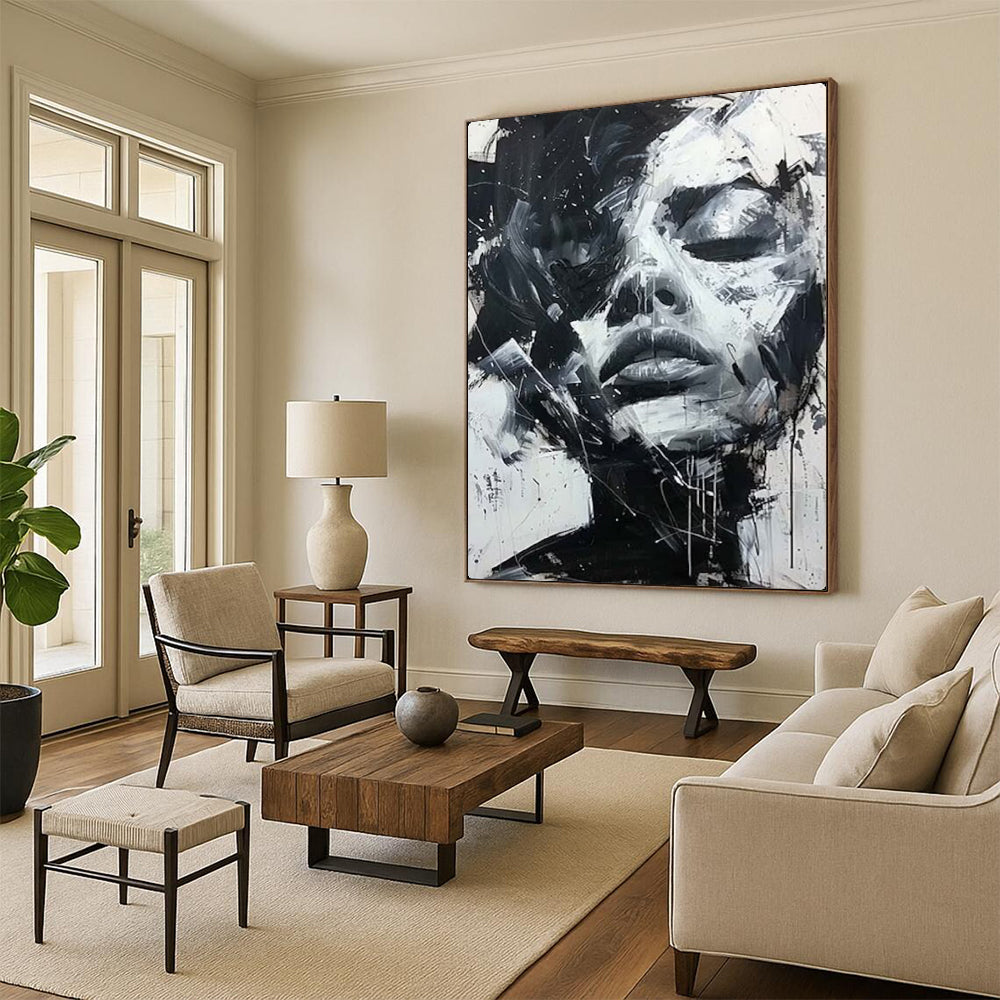Black & White Dynamic Face, Abstract Expressionism, Painting On Canvas PT2139
