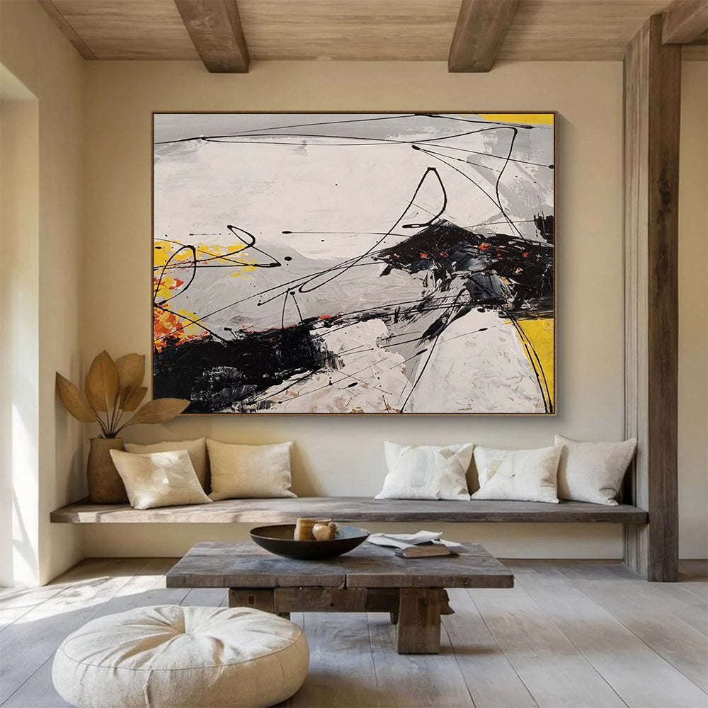 “Dynamic Abstract in Blacks, Whites, Yellows & Oranges” - Energetic Modern Painting On Canvas PT030