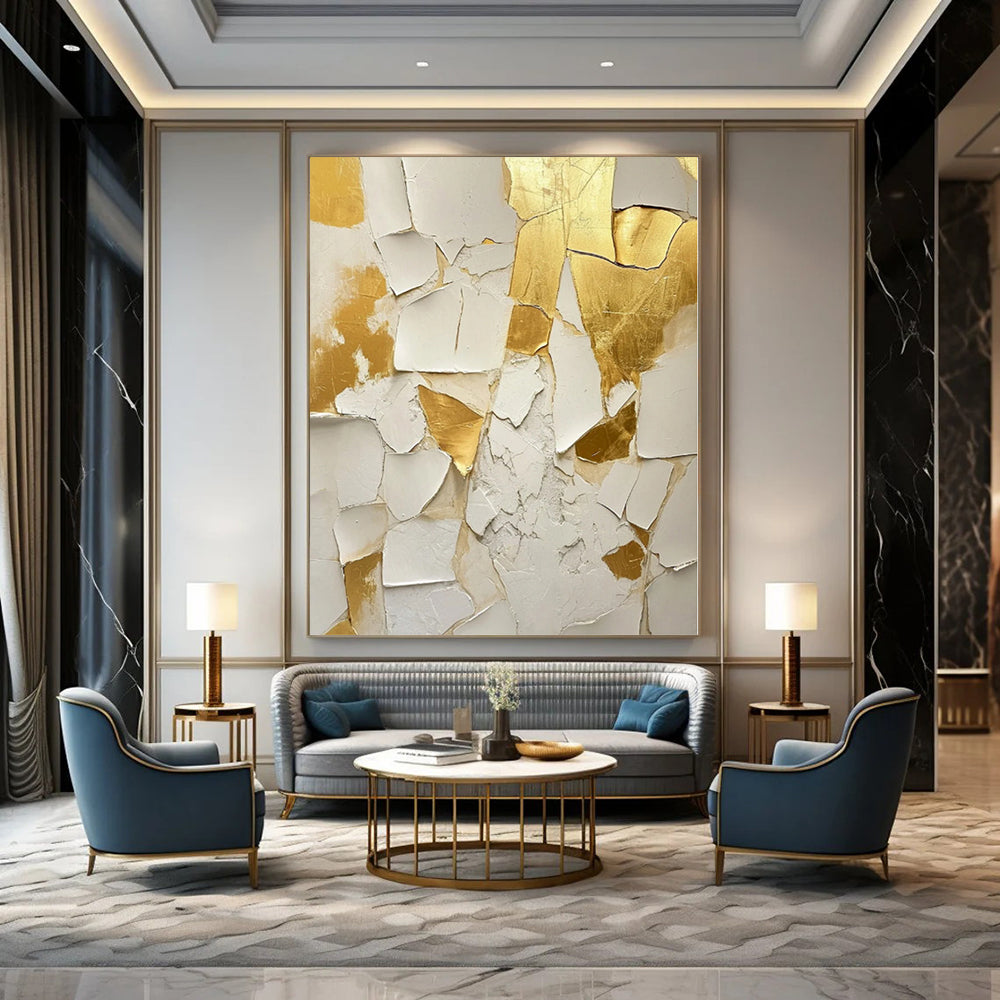 “Cracked Gold - White Textured Art” - Mixed - Media Abstract Painting On Canvas PS0216