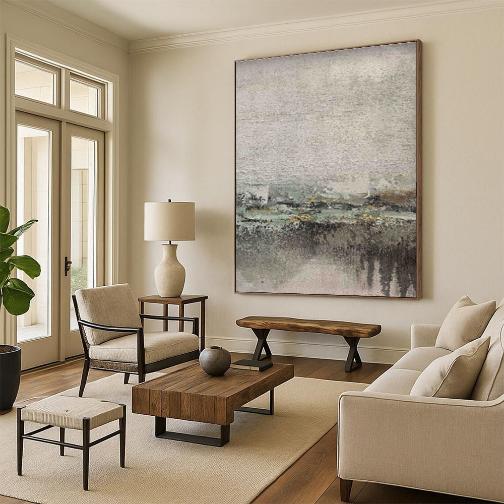 “Muted Landscape Impression” - Gray, Green, Yellow Abstract Landscape Painting On Canvas PS0565