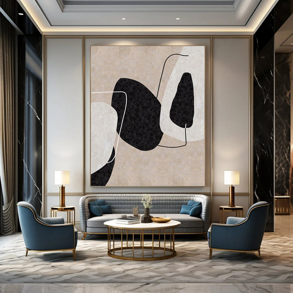Beige, Black and White with Geometric Elements "Subtle Geometry" Abstract Painting On Canvas PS1121