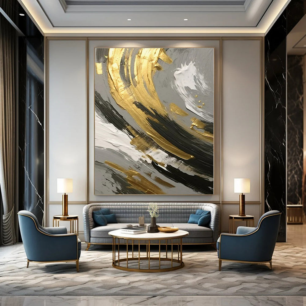 Gold, Black, and White Swirl Detail - Close - Up Textured Abstract Painting On Canvas PS1252