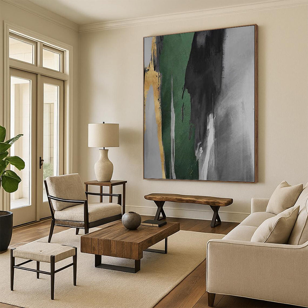 “Green, Black, Gold, and Grey: Abstract Vertical Forms” - Minimalist Abstract Painting On Canvas PT0932