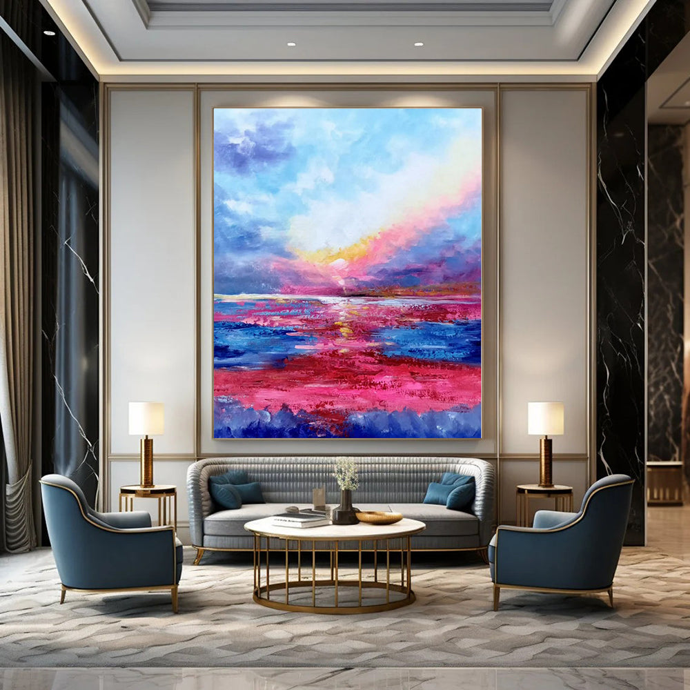 Blue, Pink, Purple, Yellow with Sunset Seascape "Sunset Symphony" Impressionist Painting On Canvas PS1318