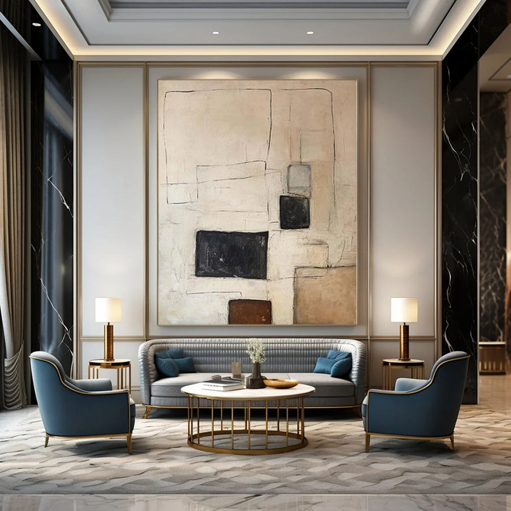 “Beige - Black - Brown Geometric” - Subtle Abstract Painting On Canvas PS0159