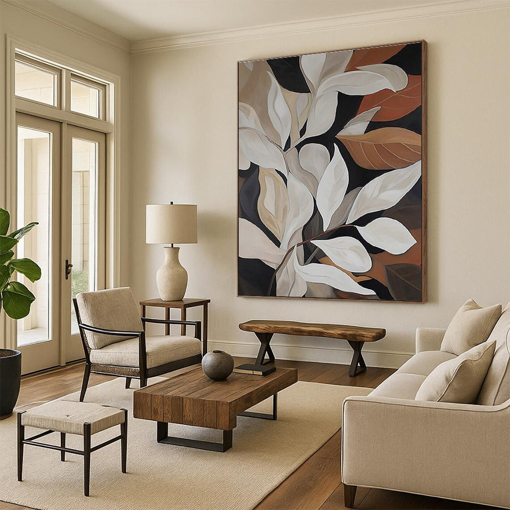 “Elegant White Leaves” - Black, White, Brown Abstract Floral Painting On Canvas PS0667