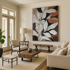 “Elegant White Leaves” - Black, White, Brown Abstract Floral Painting On Canvas PS0667