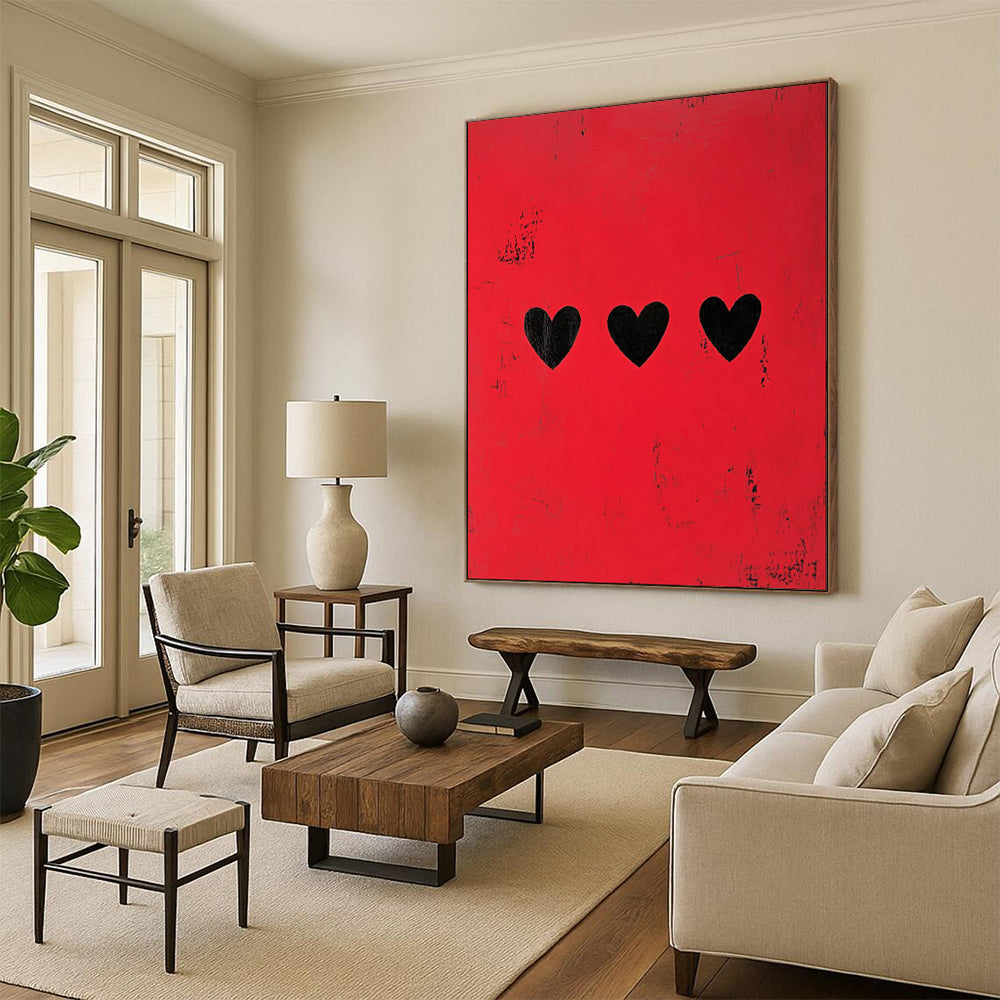 “Minimalist Red with Black Hearts” - Minimalist Conceptual Painting On Canvas PT1935