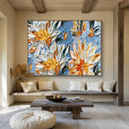 “Yellow and White Flowers on Blue” - Impasto Oil Painting On Canvas DKS896