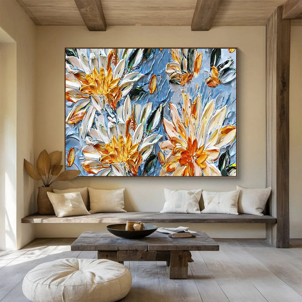 “Yellow and White Flowers on Blue” - Impasto Oil Painting On Canvas DKS896