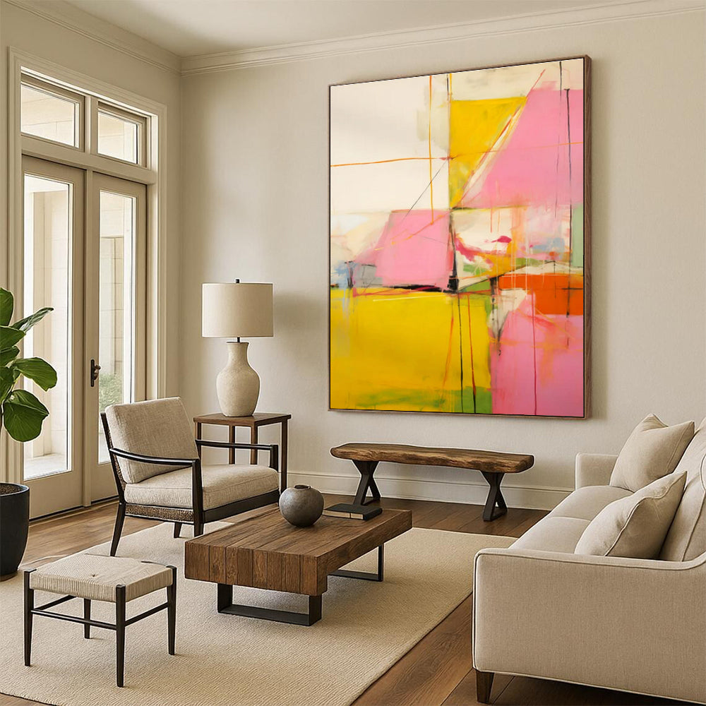Pink, Yellow, Orange & Green Geometric Abstract "Playful Prism" Painting On Canvas PS0873