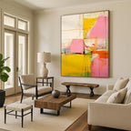 Pink, Yellow, Orange & Green Geometric Abstract "Playful Prism" Painting On Canvas PS0873