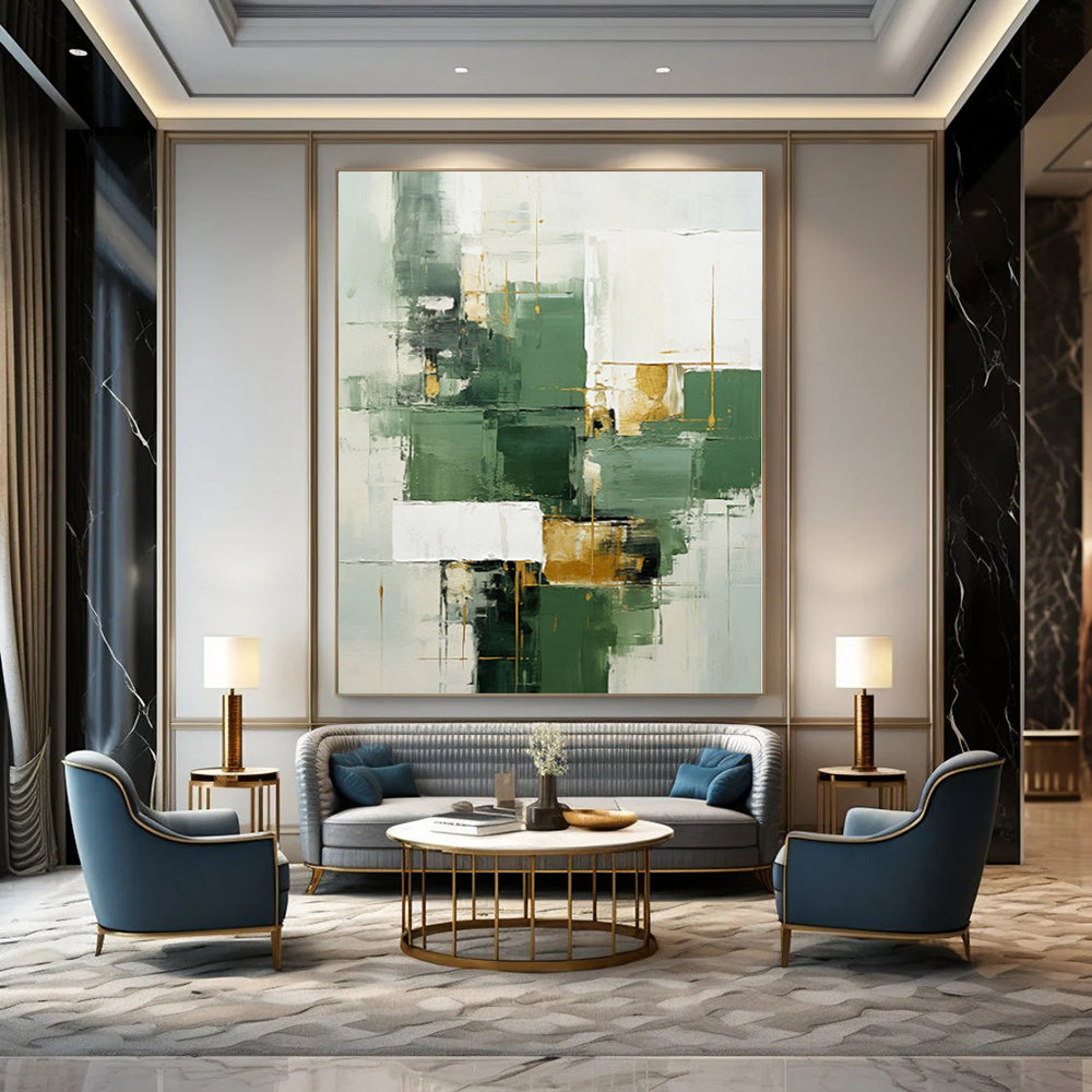 “Green - Gold Geometric Fusion” - Modernist Abstract Art On Canvas PS0199
