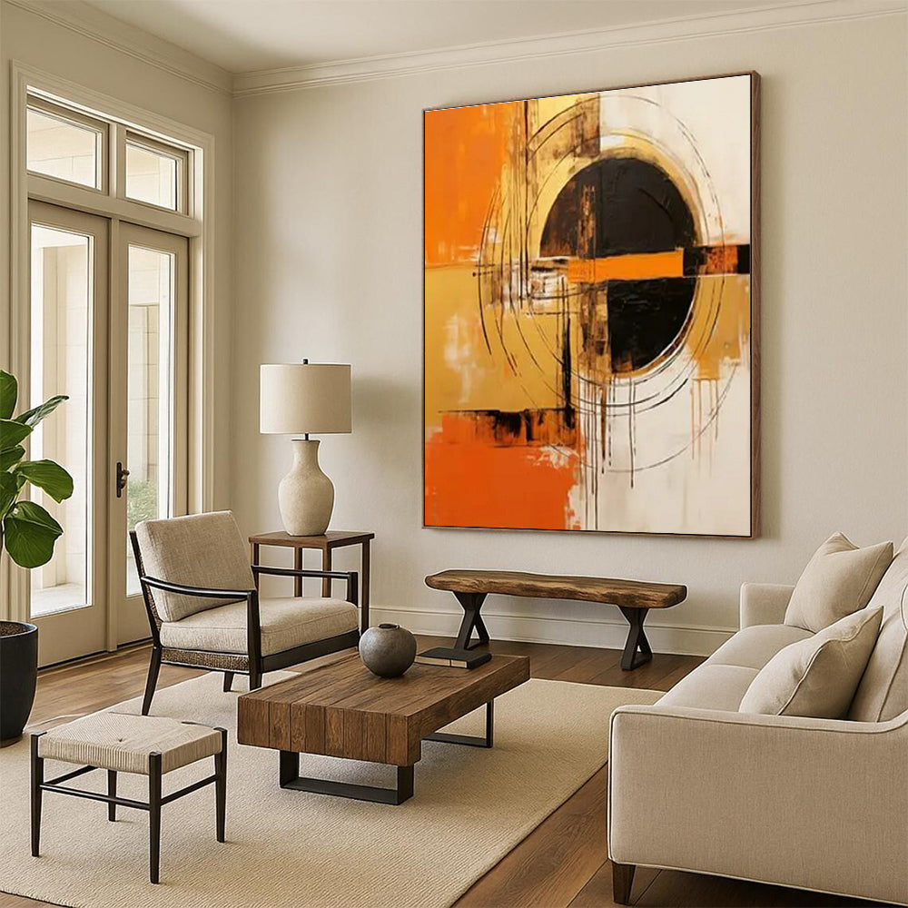 Orange, Gold, Black & White Geometric Abstract "Solar Pulse" Painting On Canvas PS0853