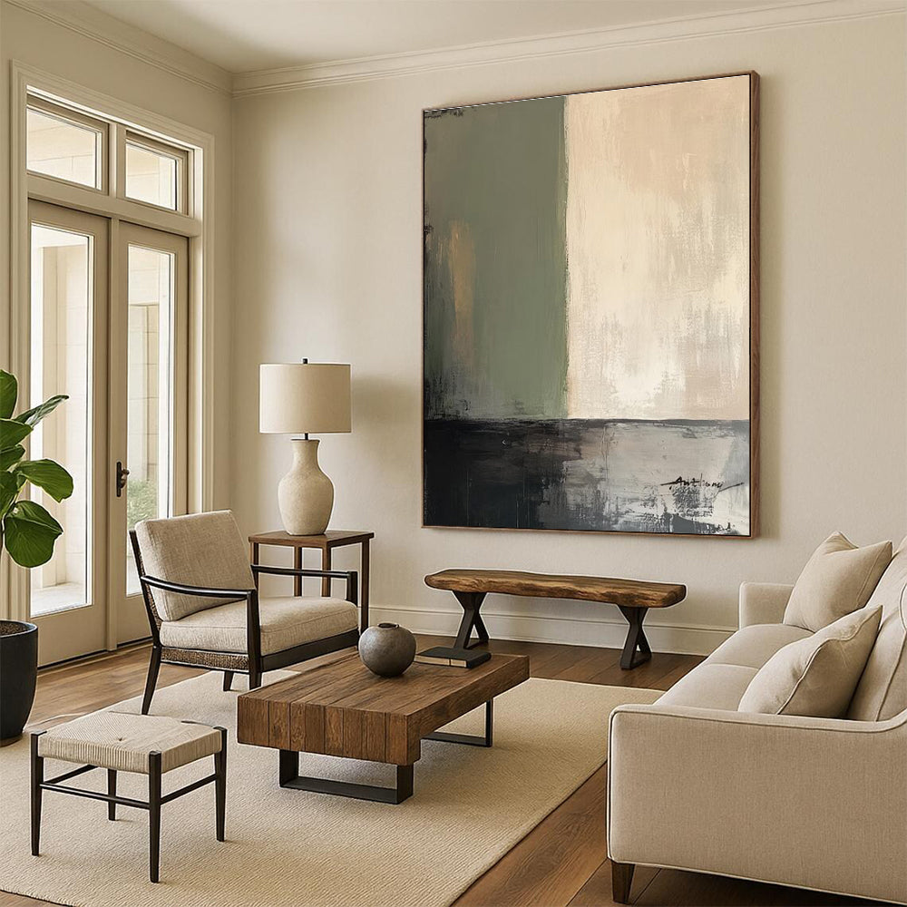 Sage Green, Beige, Gray Minimalist Divide “Calm Boundaries” - Painting On Canvas PS0785