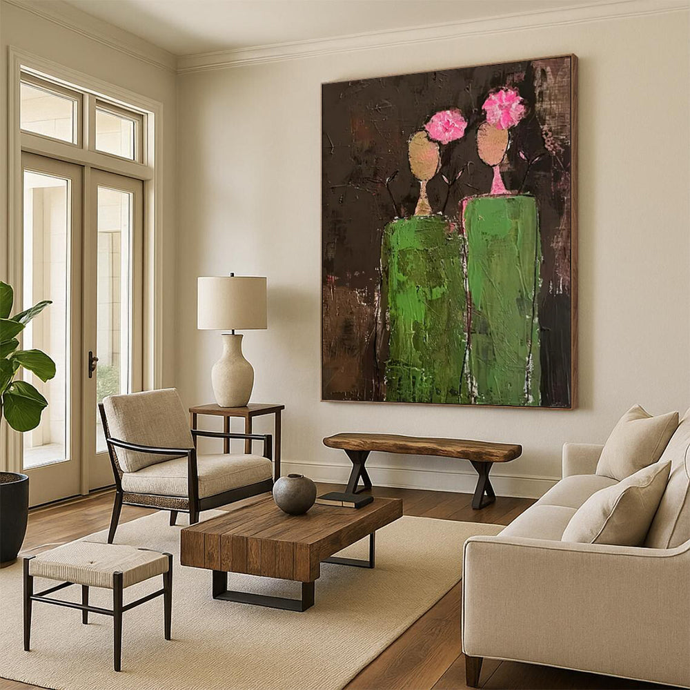 “Dark Green and Pink Abstract Figures” - Primitive Abstract Painting On Canvas PT2242