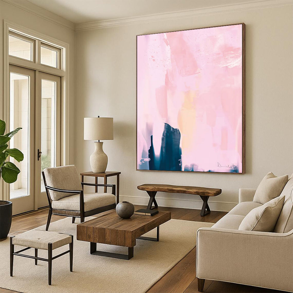 “Blush & Indigo Layered Abstraction” - Pastel Pinks & Deep Blues Painting On Canvas DS180