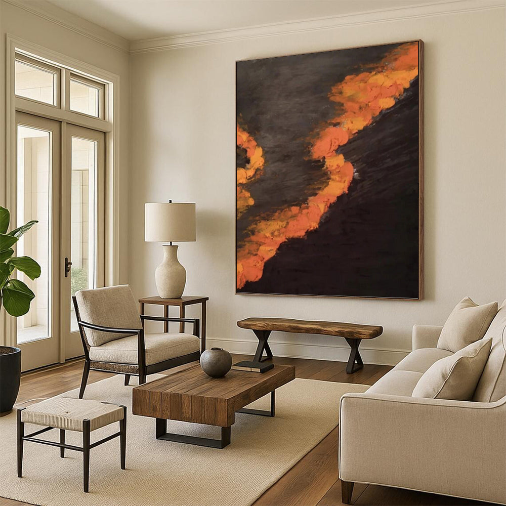“Black and Orange Flames: Dramatic Abstract” - Bold Expressionistic Art On Canvas PT0961