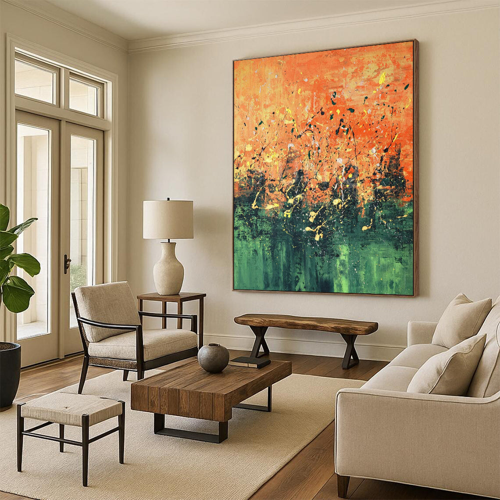 “Vibrant Orange and Green Abstract Splatter” - Abstract Expressionist Painting On Canvas PT1939