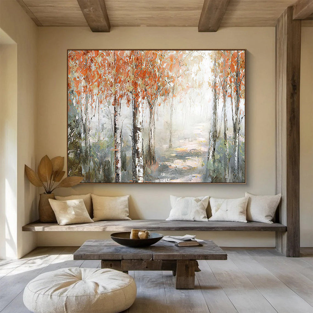 “Autumn Birch Forest Path” - Misty Landscape Painting On Canvas PT222