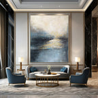 Blue, Gray, Beige and Yellow with Subtle Light Reflections "Twilight Resonance" Abstract Landscape Painting On Canvas PS1164