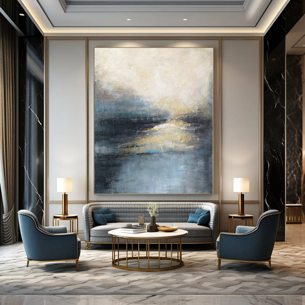 Blue, Gray, Beige and Yellow with Subtle Light Reflections "Twilight Resonance" Abstract Landscape Painting On Canvas PS1164
