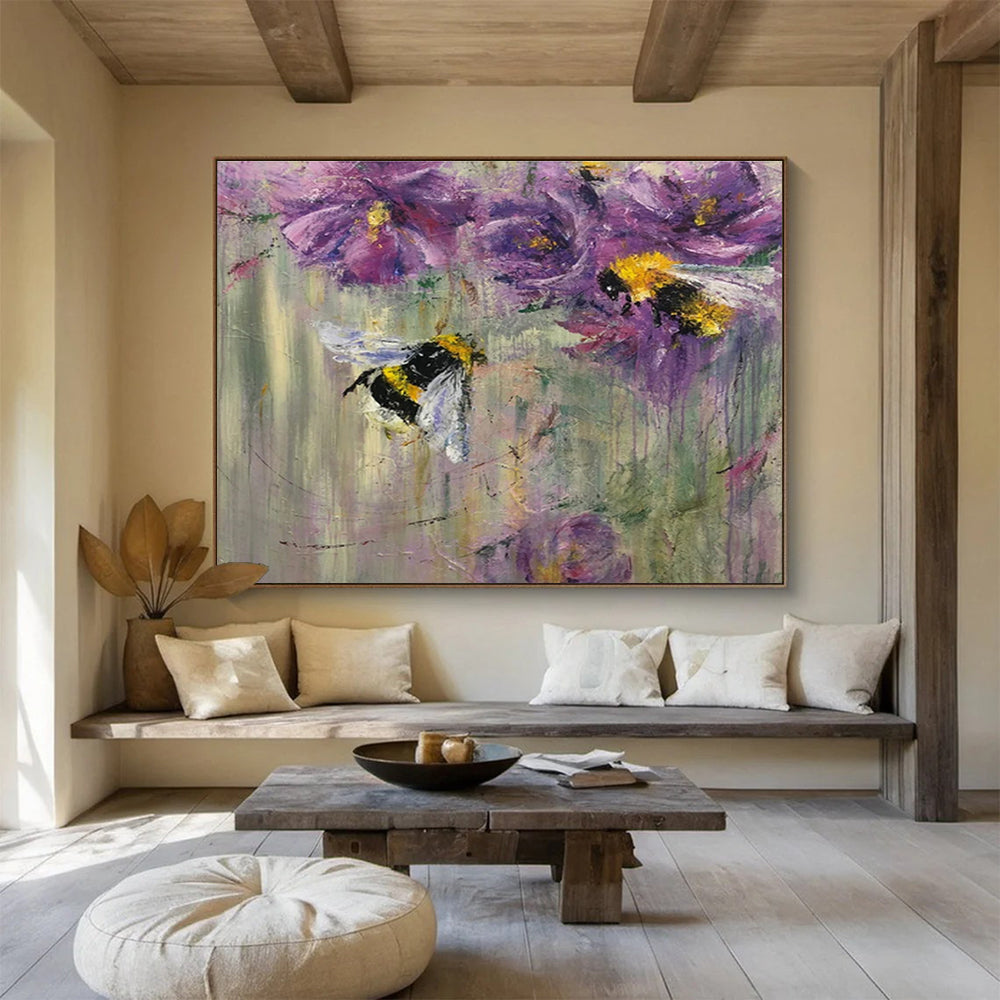 “Buzzing Bee & Flower Delight” - Purple Floral, Impressionistic Insect Painting On Canvas DKS718