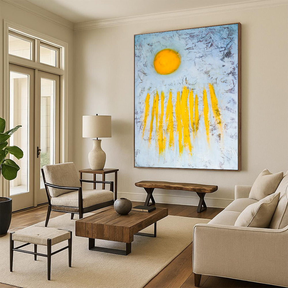 “Yellow Sun and Rays” - Abstract Landscape Painting On Canvas PT2377