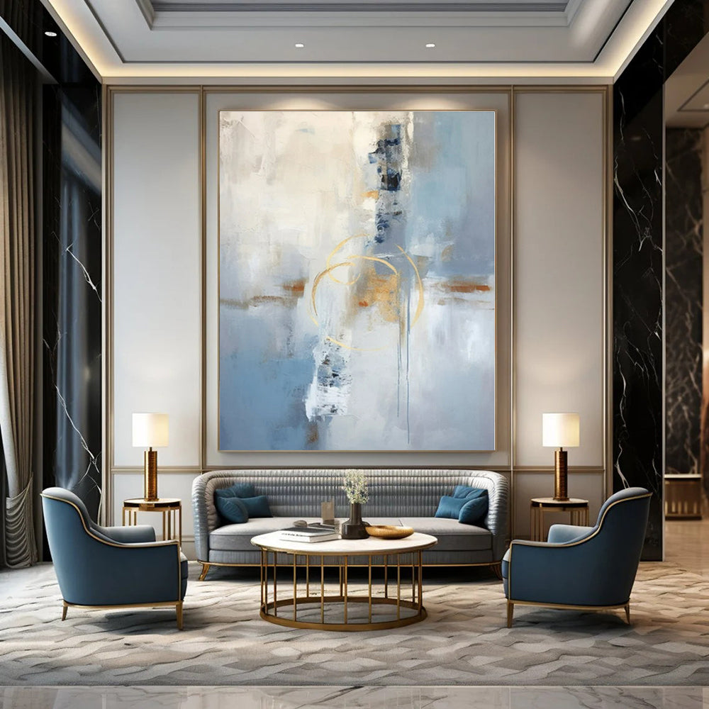Blue, White, Gold with Abstract Forms "Golden Abstraction" Abstract Painting On Canvas PS1333