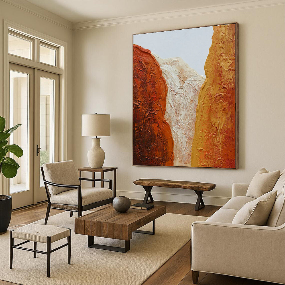 “Textured Mountain Peaks” - Orange, Red, Beige Abstract Landscape Painting On Canvas PS0648